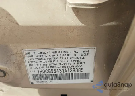 2001 Honda Accord 2.3 Lx from USA, damaged, VIN 1HGCG56431A138385